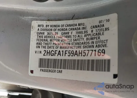 2010 Honda Civic Lx z USA, uszkodzony, nr VIN 2HGFA1F59AH577169